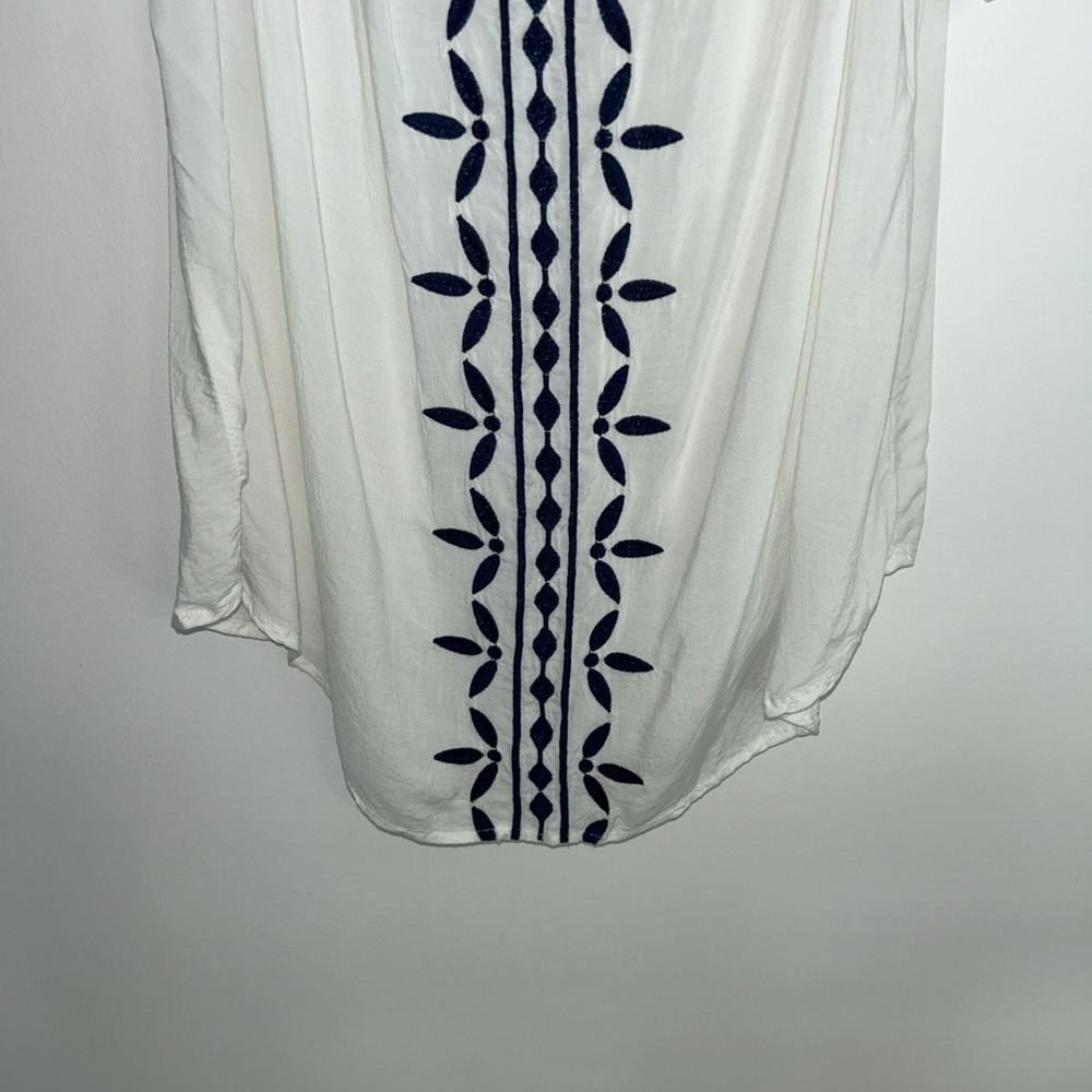 Como Vintage White Boho Women's XL Short Sleeve Navy Embroidered Stitching - Picture 5 of 7